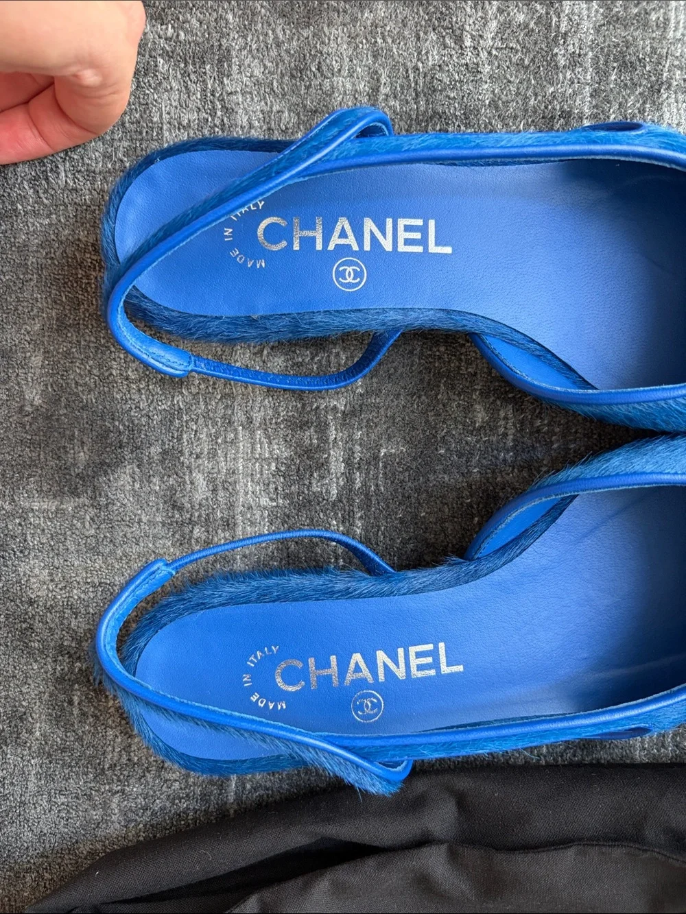 CHANEL Royal Blue Slingback Flats with Black Patent Cap Toe